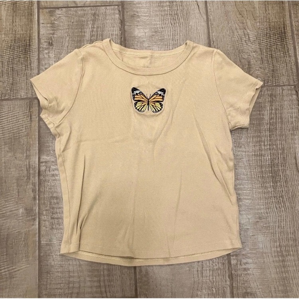 Vtg Y2K Vinyl Icons Crop Top M Women Yellow Monarch Butterfly Patch Art Baby Tee